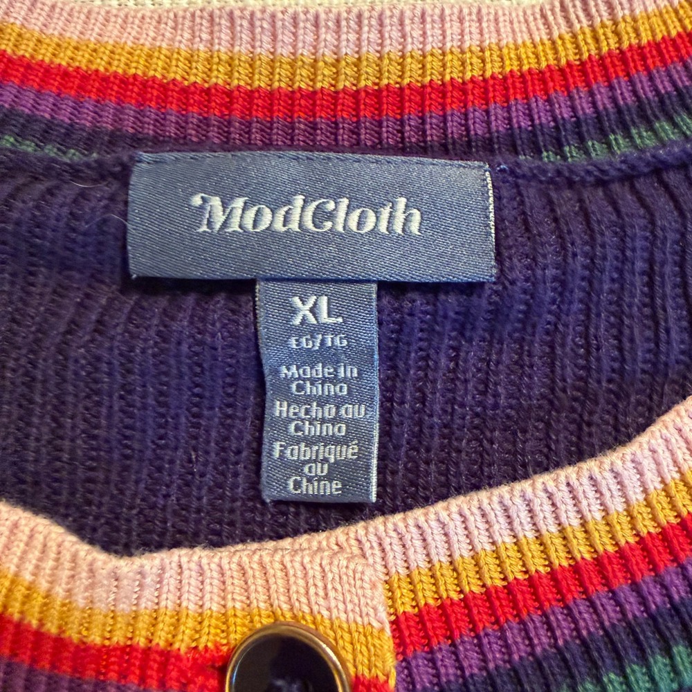 ModCloth Navy Blue Rainbow Striped Trim Cropped Cardigan Sweater XL Cotton Modal - Picture 3 of 7